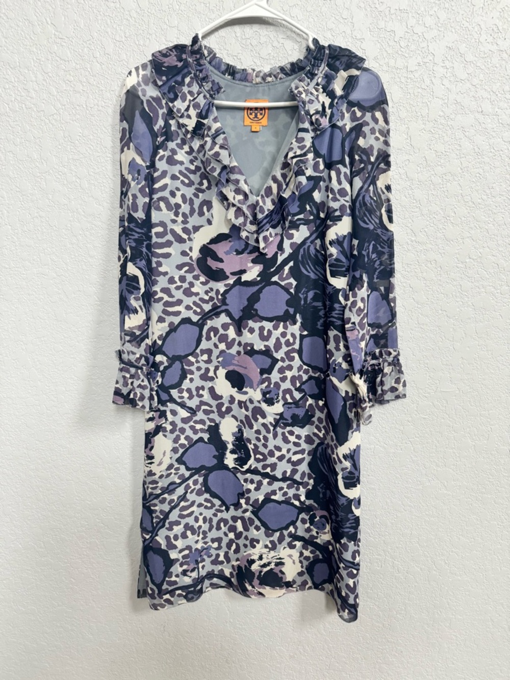 Tory Burch Lilac and Navy Floral-Leopard Ruffle Shift Dress